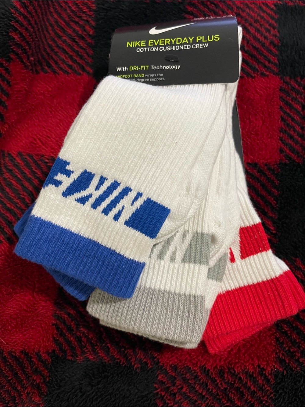 Nike Crew Socks Trio Pack - White with Blue, Gray, Red Accents 6-8 Mediun